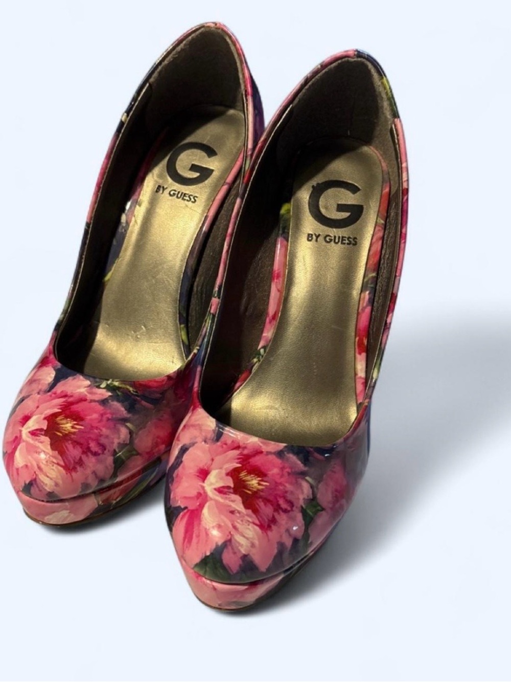 G by Guess Pink Floral Patent Platform Pumps